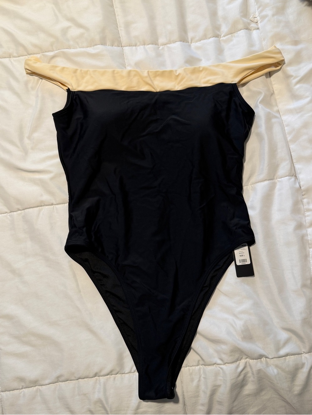 Fashion Nova Black Off-Shoulder One-Piece Swimsuit